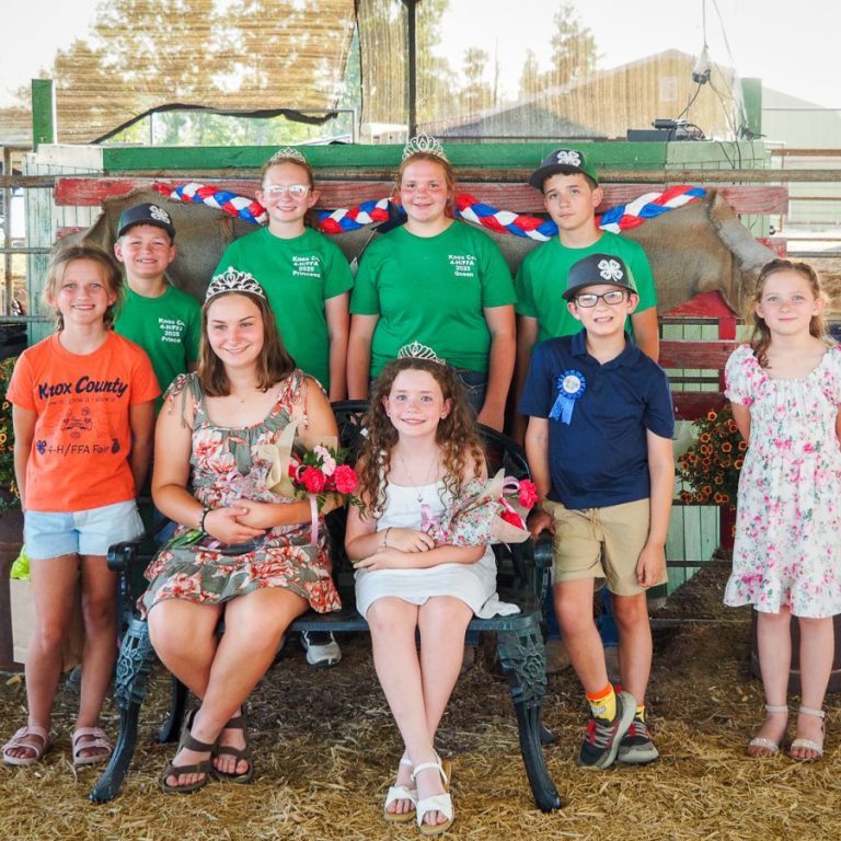FAIR ROYALTY CROWNED – The 2026 Knox County 4-H/FFA Fair Royalty were crowned on Tuesday night, July 7, at the fairgrounds north of Edina. They are shown above with the 2025 Fair Royalty and this years candidates. Back Row: (from left) Kameron Moore, Alexis Glasgow, Nora Penn, Jason Devlin. Front Row: (from left) Princess Candidate McKenna Holdren, Fair Queen Reagan James, Fair Princess Katherine Devlin, Fair Prince Hank Luthenauer, Princess Candidate Charlie Glasgow. Photo by Echo Menges