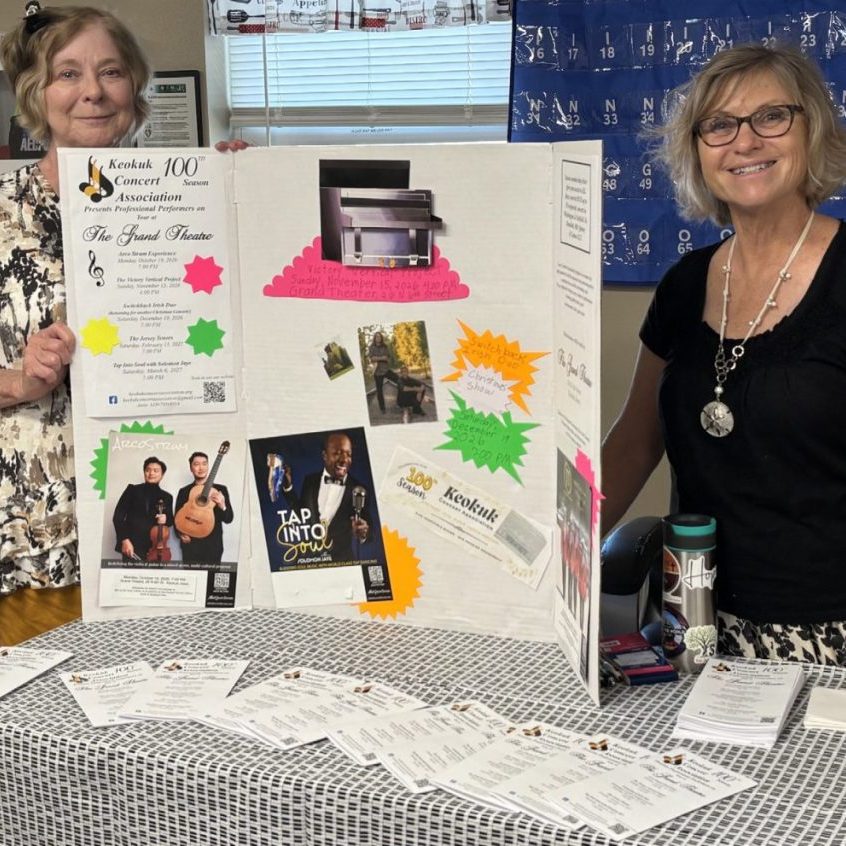 Keokuk Concert Association board members Peggy Moss (left) and Anne Pietscher (right) welcomed visitors during the Keokuk Concert Association Season Preview and Membership Drive at the Clark County Senior Center in Kahoka on Tuesday, July 7. The pair shared information about the upcoming 2026-2027 concert lineup.